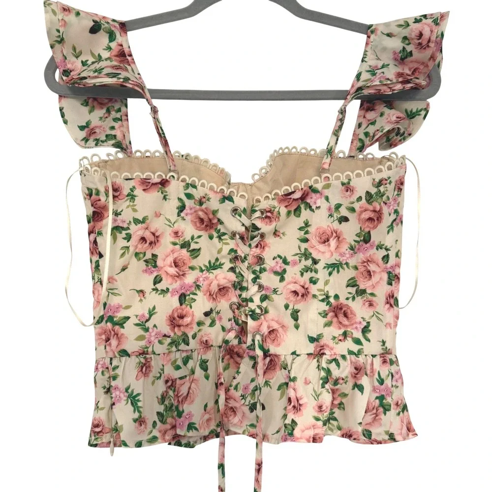 NWOT VICI Floral Lace Up Corset Top Pink Cream Rose Ruffle Peplum Lined Small - Picture 4 of 8